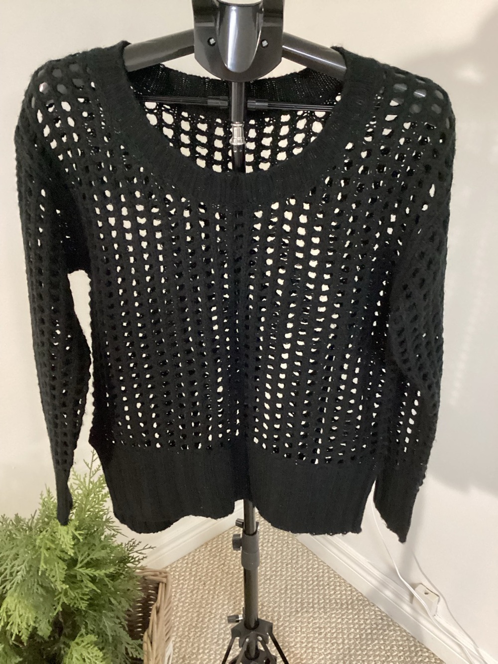 Women’s Black Open-Knit Mesh Pullover with a ribbed hem